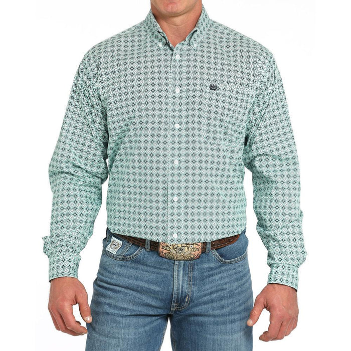 Men's Turquoise Print Long Sleeve Button Shirt