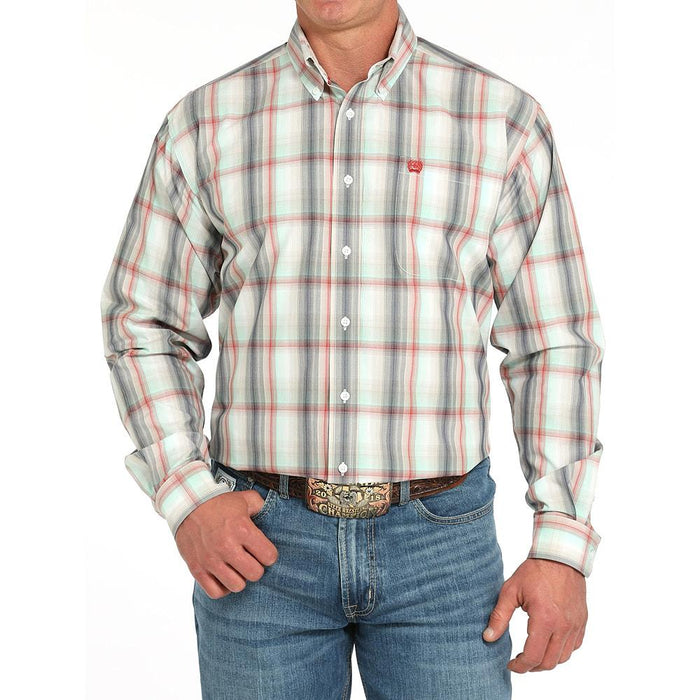 Men's Grey Plaid Long Sleeve Button Shirt