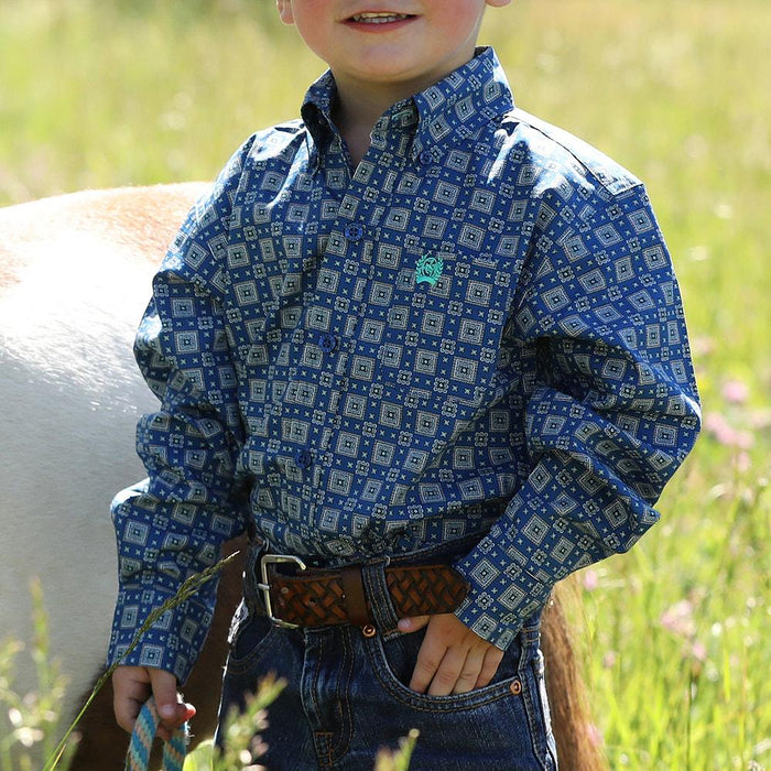 Boy's Toddler Blue Print Long Sleeve Button Shirt