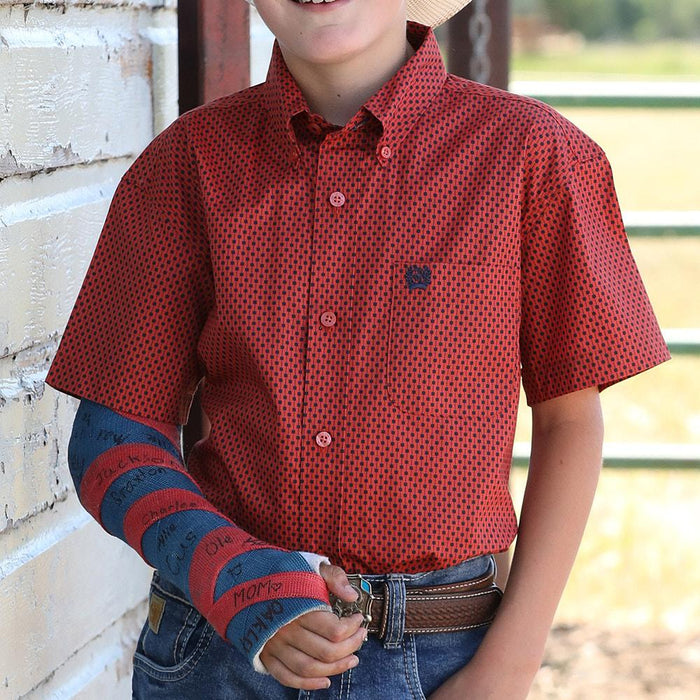 Boy's Red Print Long Sleeve Button Shirt