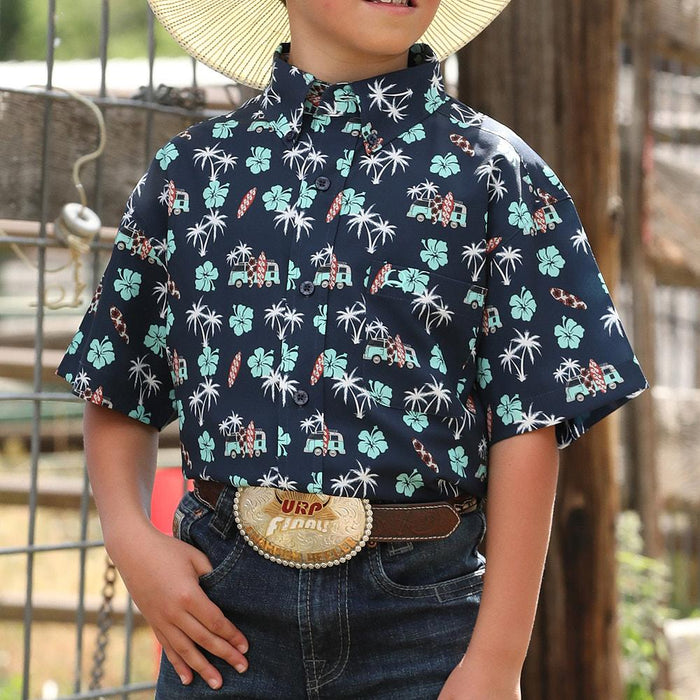 Boy's Navy Palm ArenaFlex Button Shirt