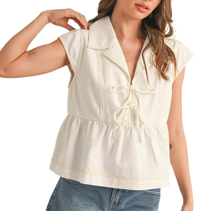Wom Snow Denim Collared Tie Front Top