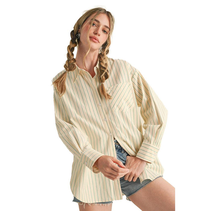 Wom Cream & Green Stripe Button Shirt