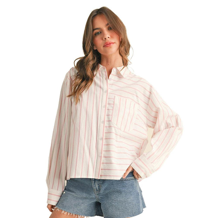 Wom Ivory & Pink Stripe Boxy Top