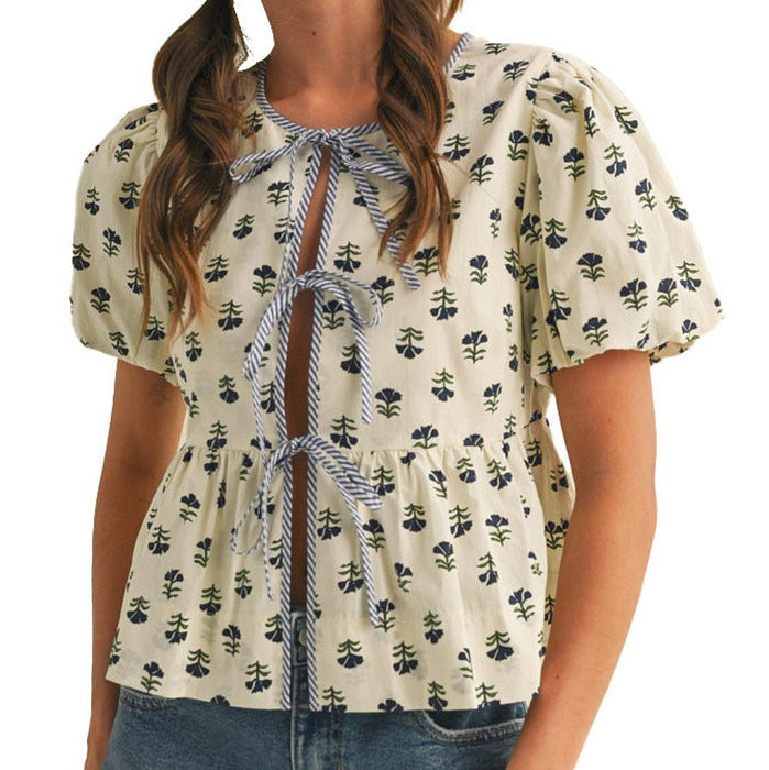 Wom Ivory Floral Tie Front Top