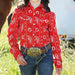 Girl's Red Print Pearl Snap Shirt