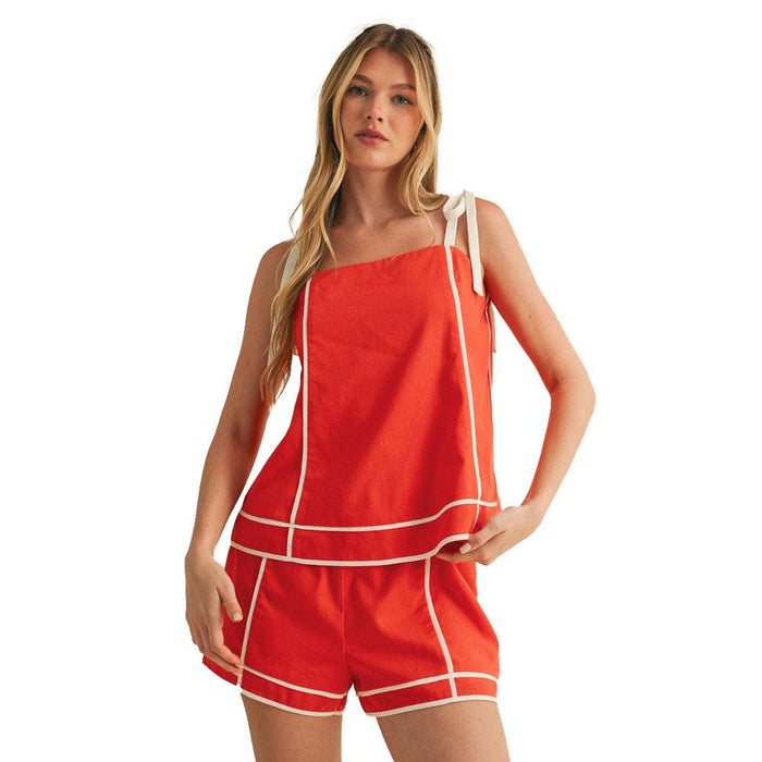 Wom Orange & White Tie Shoulder Short Set