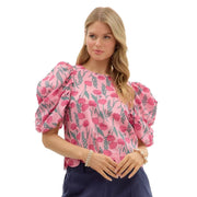 Women's Pink Floral Drape Short Sleeve Top