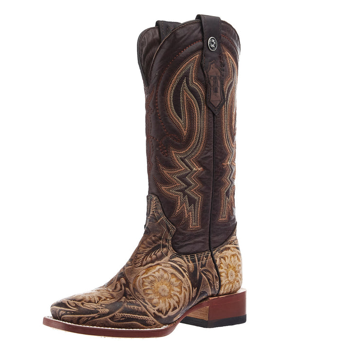 Women's Embossed Orix Floral Hand Tooled 12 in Monaco Cafe Top Cowgirl Boot