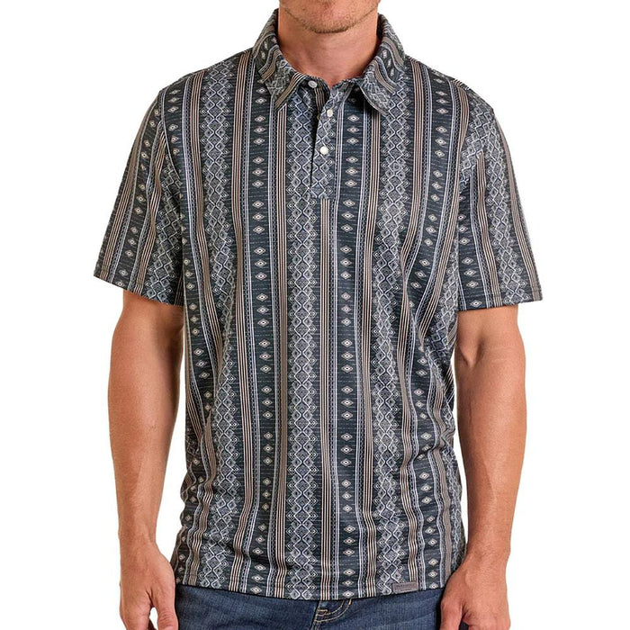 Men's Black Aztec Wallpaper Stripe Polo