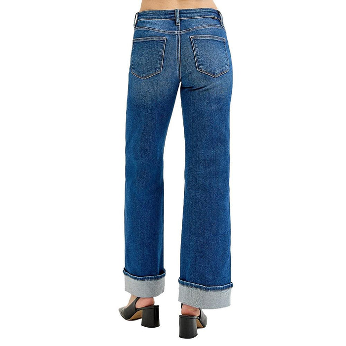 Women's Dark Tummy Control Wide Cuffed Jeans