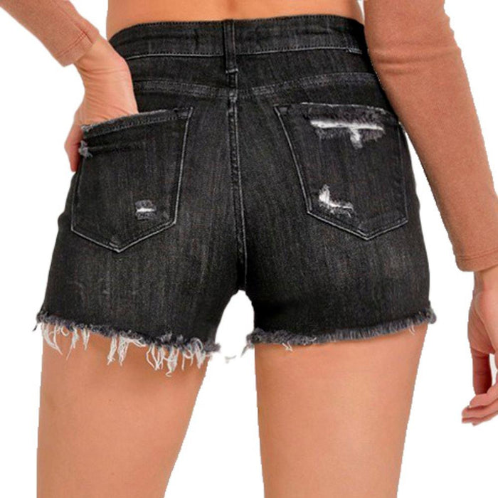 Women's Black Mid Rise Patched Denim Shorts