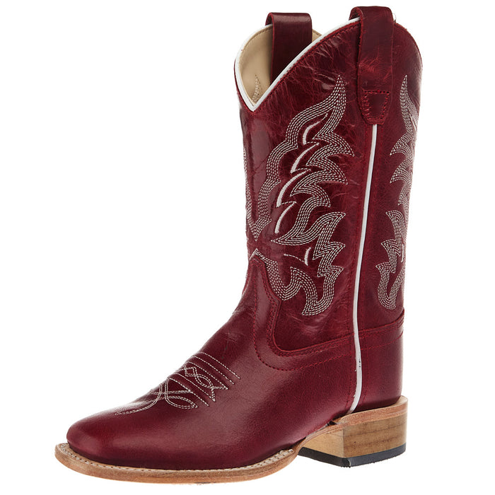 Children`s Deep Red Square Toe Leather Sole Boot