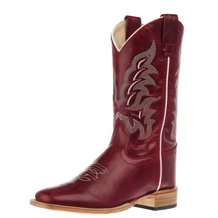 Youth Deep Red Square Toe Leather Sole Boot