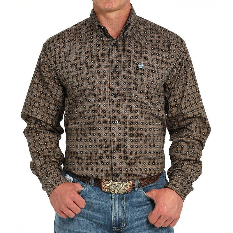Men's Black Print Long Sleeve Button Shirt