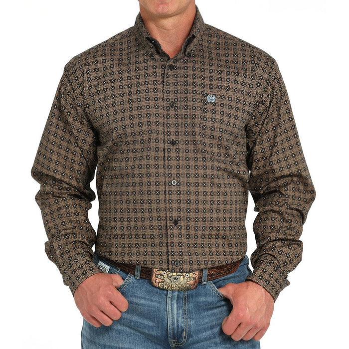 Men's Black Print Long Sleeve Button Shirt