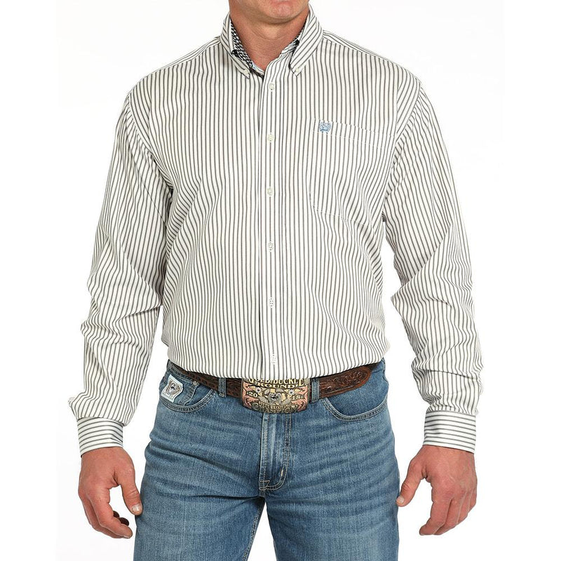 Men's Cream Striped Long Sleeve Button Shirt