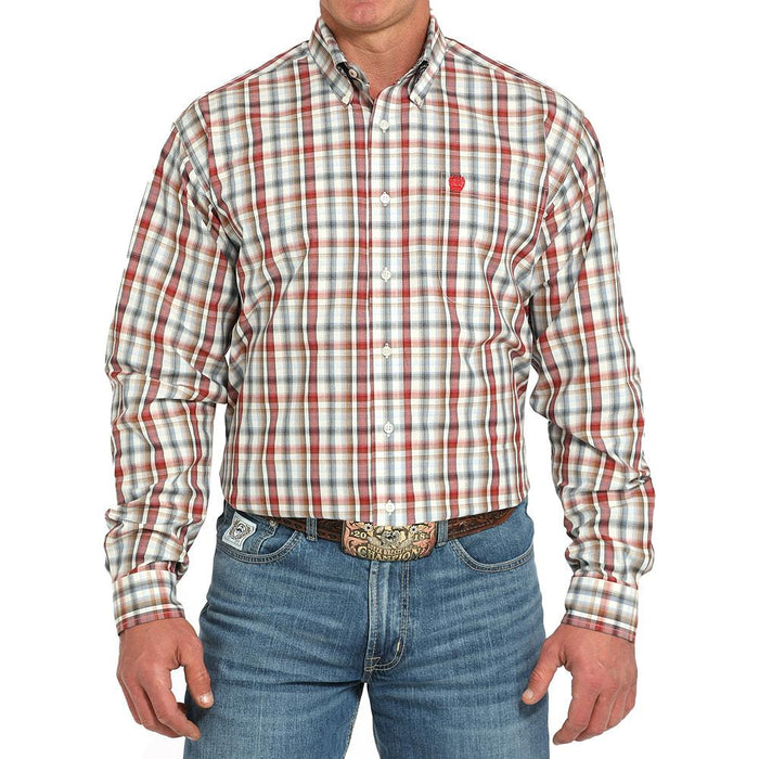 Men's Cream Plaid Long Sleeve Button Shirt