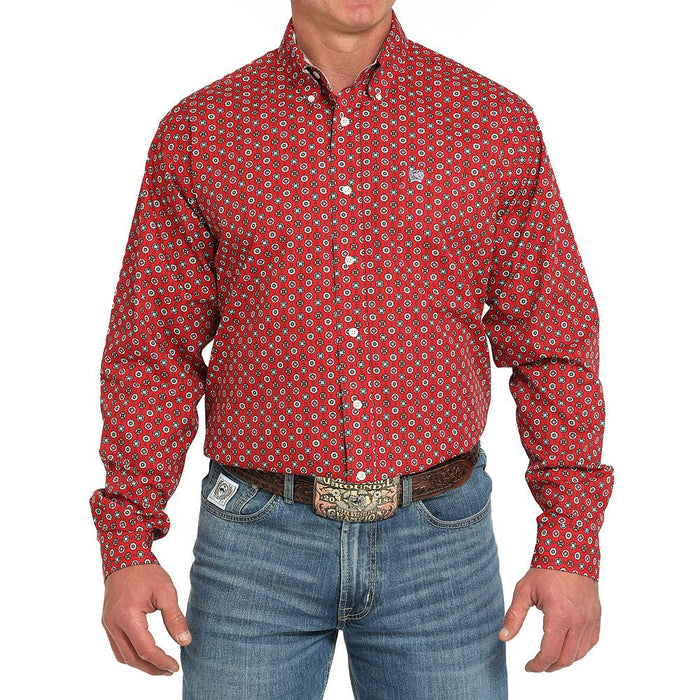 Men's Red Print Long Sleeve Button Shirt