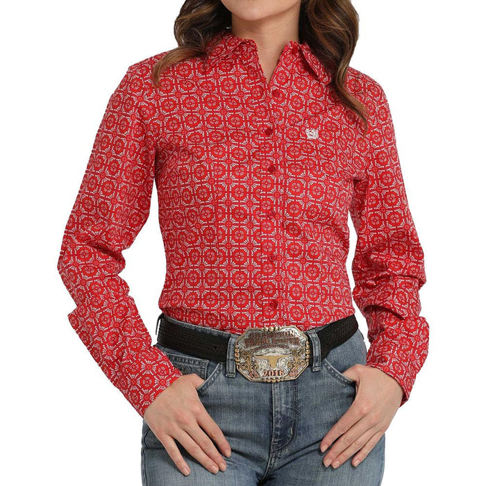 Women's Red Patterned Button Shirt