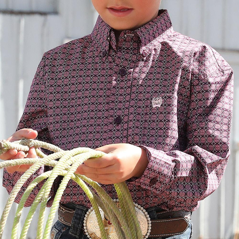 Boy's Purple Print Long Sleeve Button Shirt