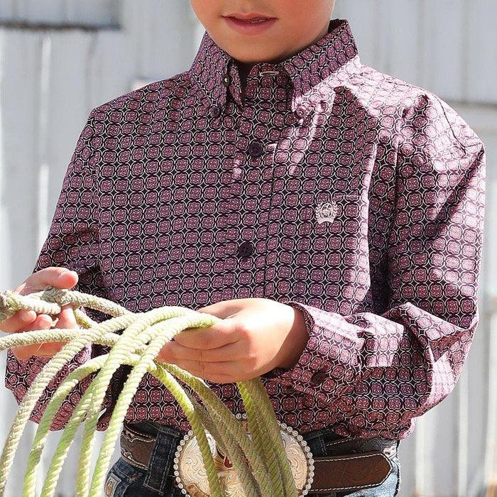 Boy's Purple Print Long Sleeve Button Shirt