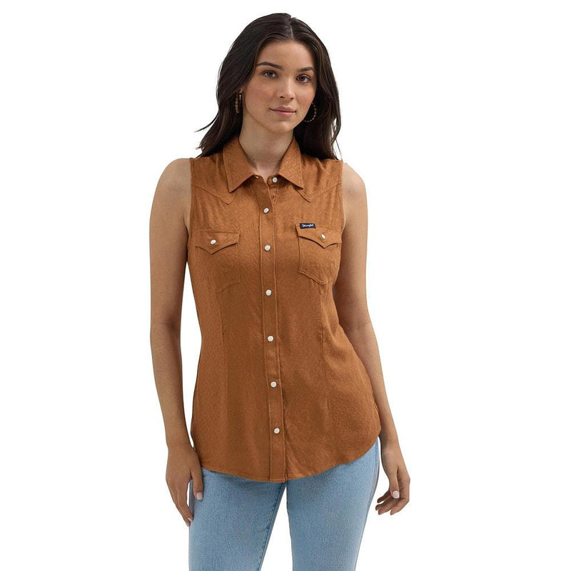 Women's Brown Sleeveless Western Shirt