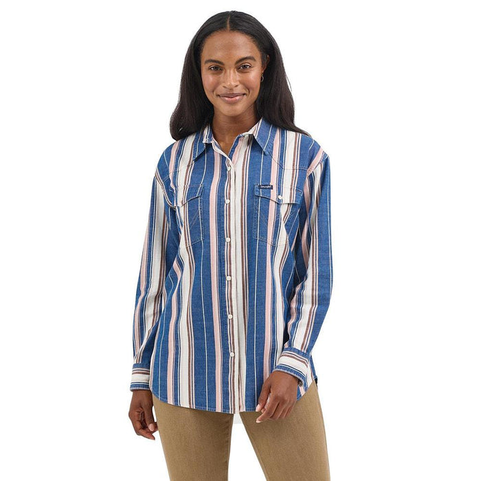 Women's Blue Stripe Boyfriend Snap Shirt