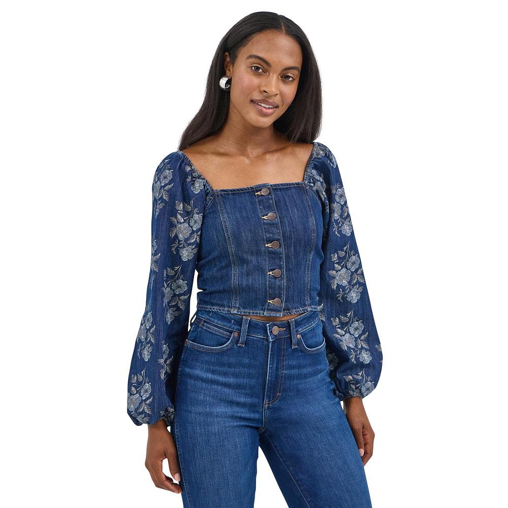 Wrangler Women's Denim Top with Floral Sleeves
