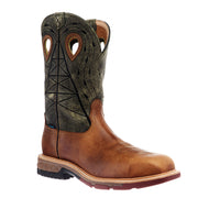 Men`s Western Pull On Brown and Olive 12In Nano Square Toe H2O Work Boot