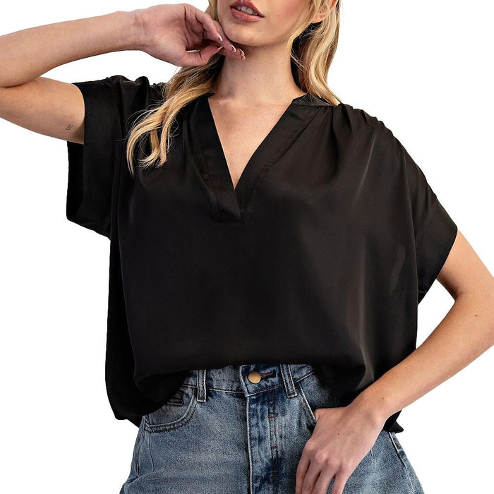 Ee Some Women's Black Silky Finish V-Neck Top