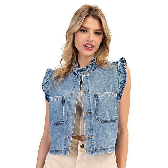 Women's Denim Ruffle Sleeveless Top