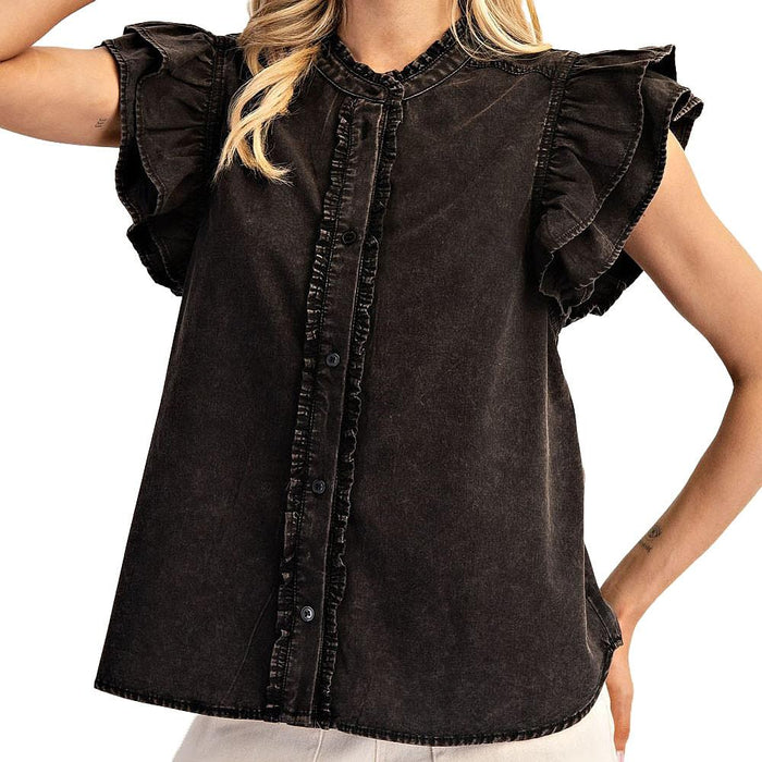 Women's Black Washed Denim Ruffle Sleeve Top