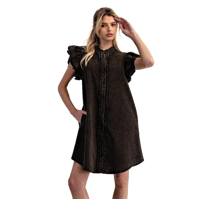 Women's Black Washed Button Down Mini Dress