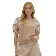 Women's Camel Floral Sleeve Top