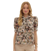 Women's Olive Print Short Sleeve Top