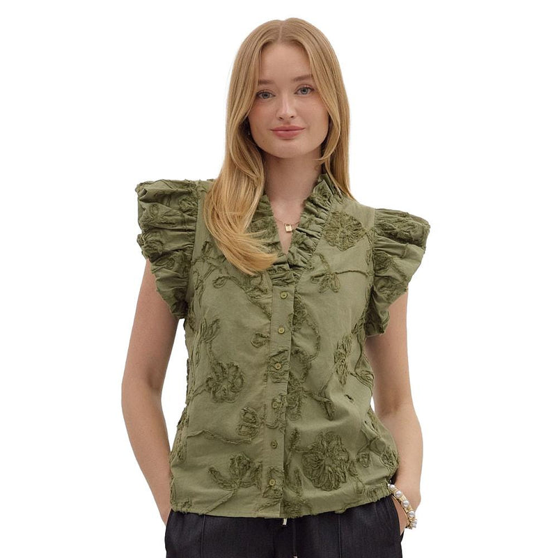 Women's Olive Ruffle Sleeve Top