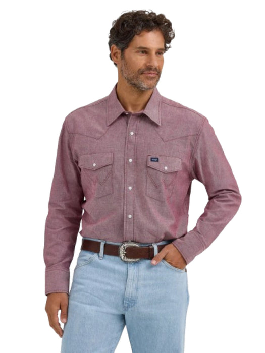 Men's Cowboy Cut Western Chambray Snap Long Sleeve Brown Work Shirt