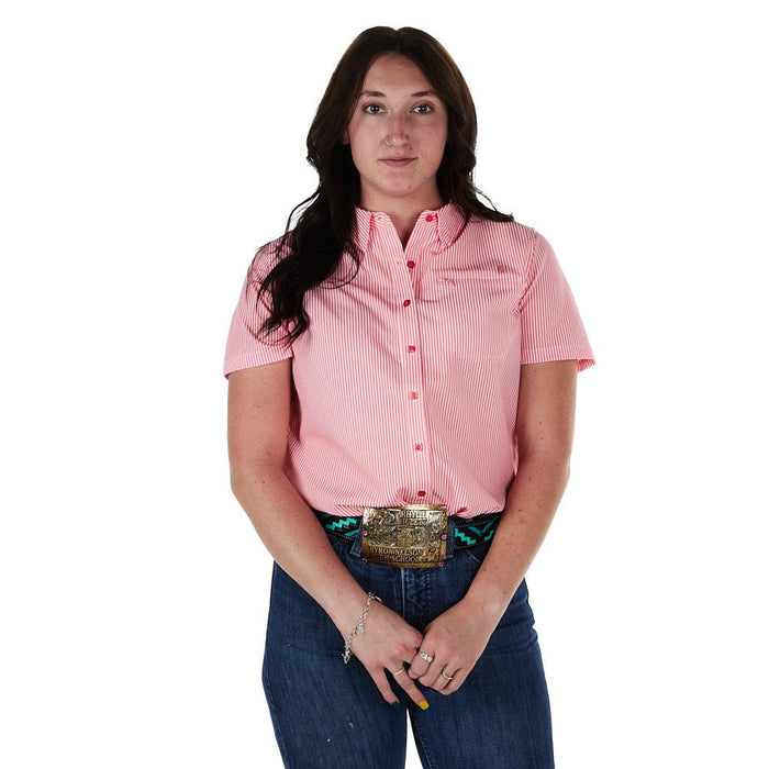 Women's Coral Stripe Short Sleeve Button Shirt
