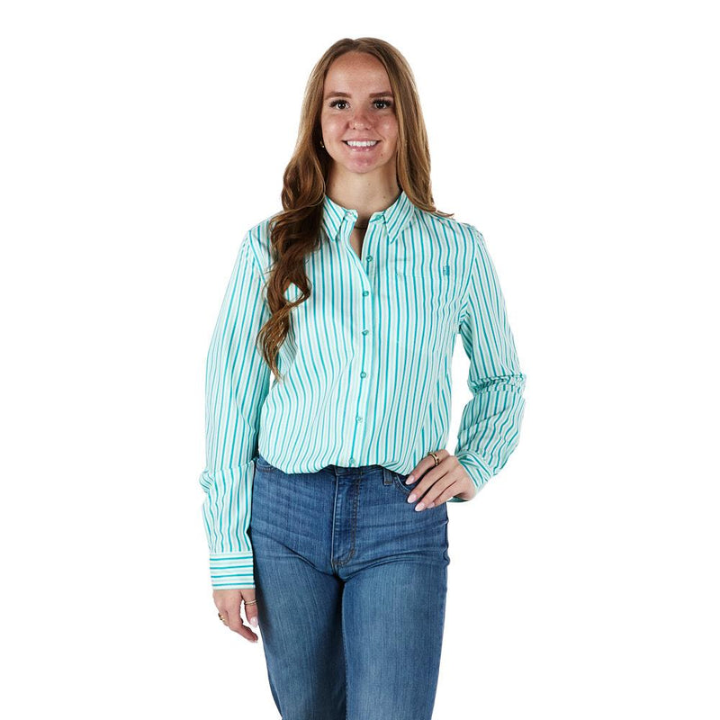 Women's Teal Pinstripe Long Sleeve Button Shirt