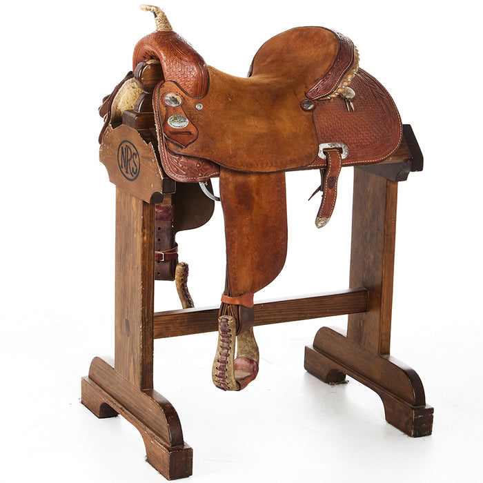 USed 14.5in Spider and Feather Tooled Barrel Saddle