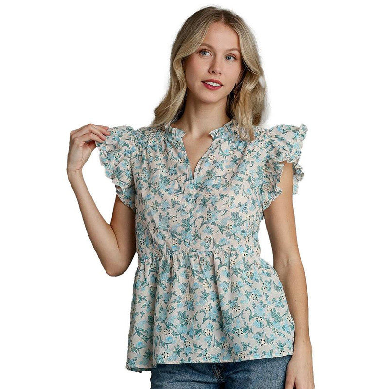 Women's Blue Eyelet Floral Baby Doll Top