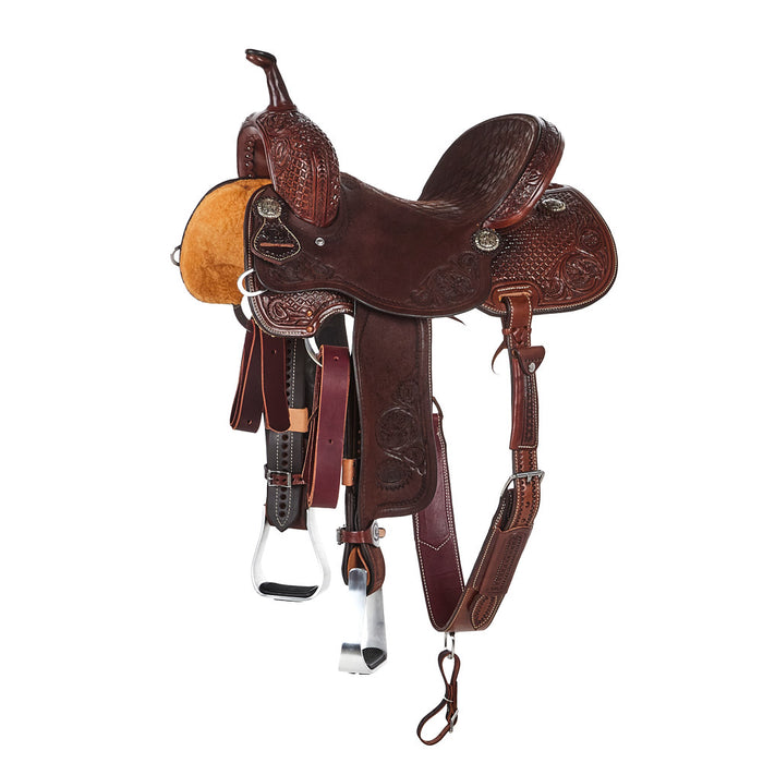 Chocolate 3/4 Breed Mia Flower and Waffle Tooled Seat Barrel Saddle