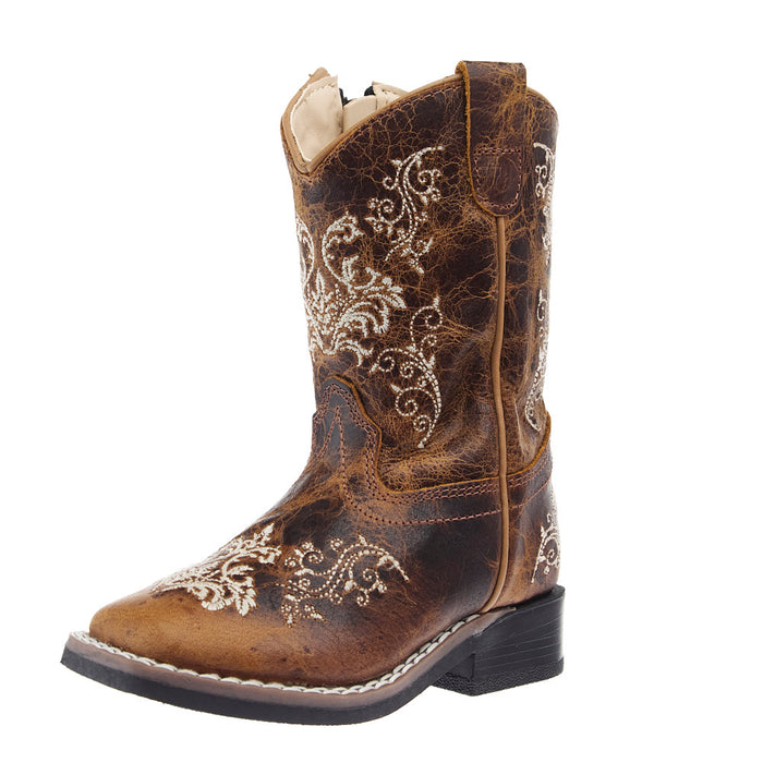 Toddler Burnt Tan Embroidered Square Toe Boot