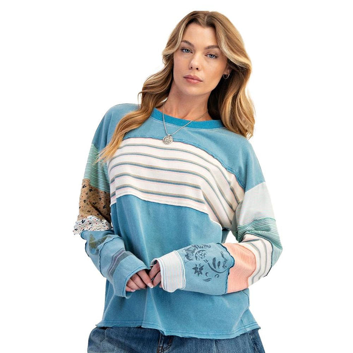 Women's Faded Teal Mix Print Pullover