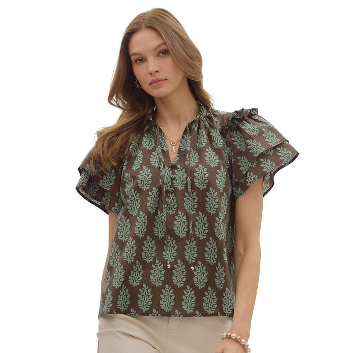 Women's Brown Print Ruffle Sleeve Top