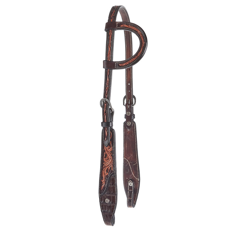Floral Tooled Genuine Gator Stainless Steel Buckles Single Ear Headstall
