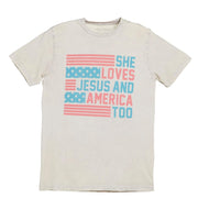 Women's She Loves Jesus and America Too Off White Tee Shirt