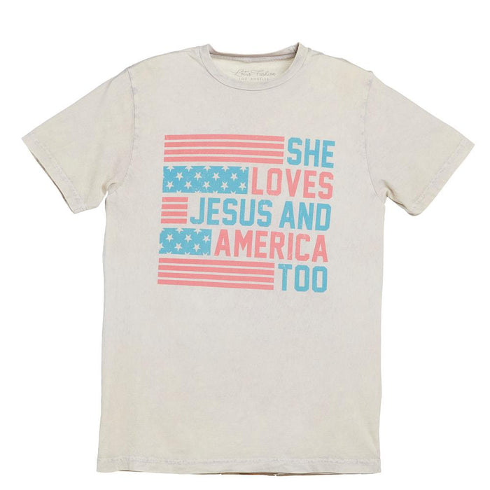 Women's She Loves Jesus and America Too Off White Tee Shirt