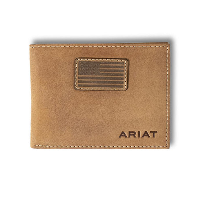 Mens Flag Patch Tan Leather Bifold Wallet
